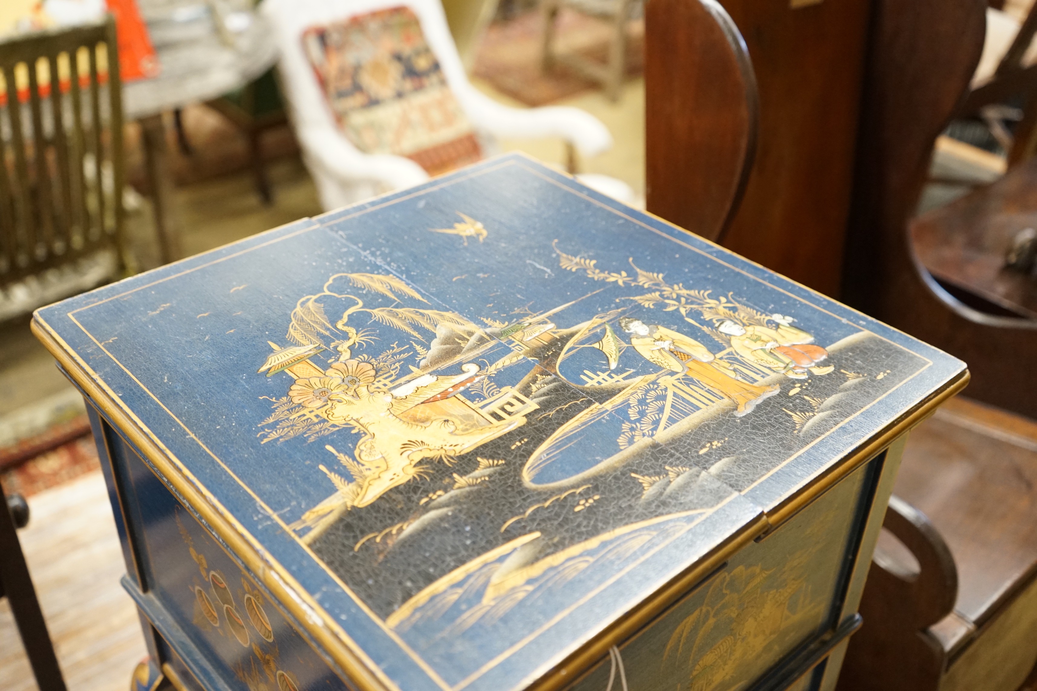 A 1920's square chinoiserie lacquer work box, Width 36cm, height 53cm